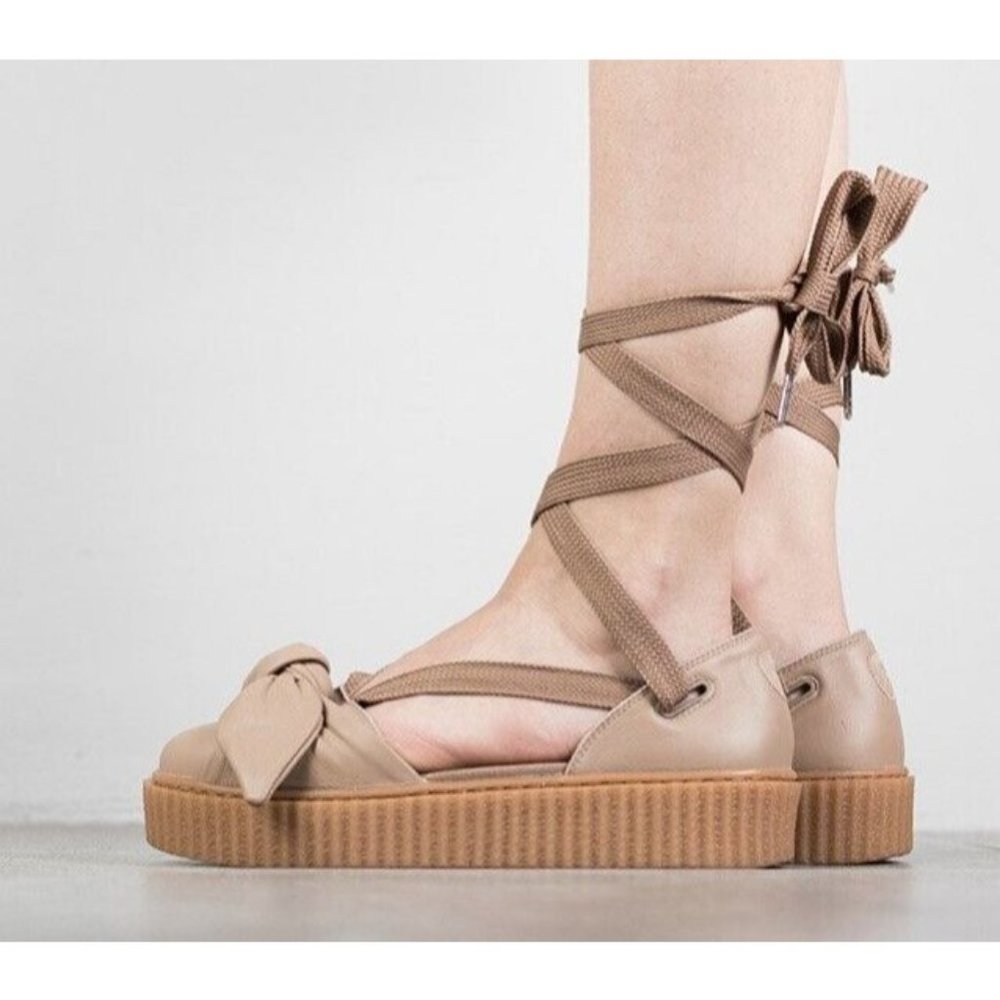 Fenty by Rihanna Puma 365794-03 Bow Creeper Lace Up Flats Leather Tan Size US7.5